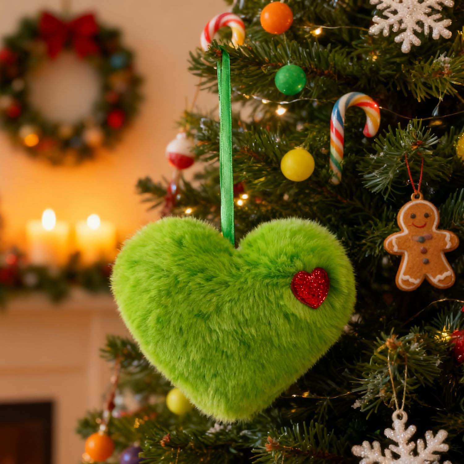6-Pcs Plush Heart Christmas Tree Ornaments (10cm/3.9") – Fluffy Fuzzy Heart Hanging Pendants Set with Ribbon & Mini Red Heart Accent for Holiday Decor, Xmas Party & Gifts