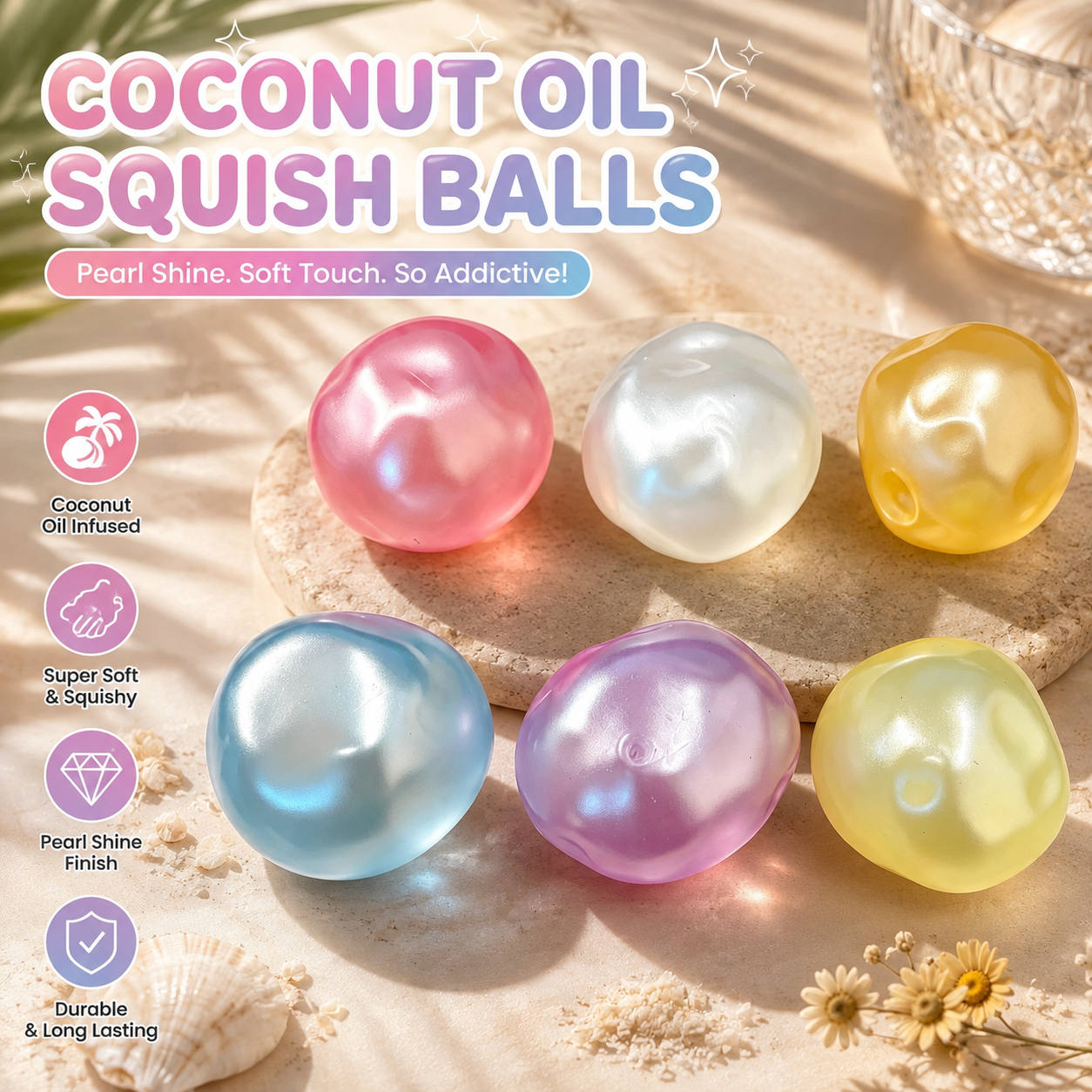 Coconut Oil Squish Ball – Soft Moldable Squeeze Toy with Pearl Shine, Creative Gift for Kids & Adults