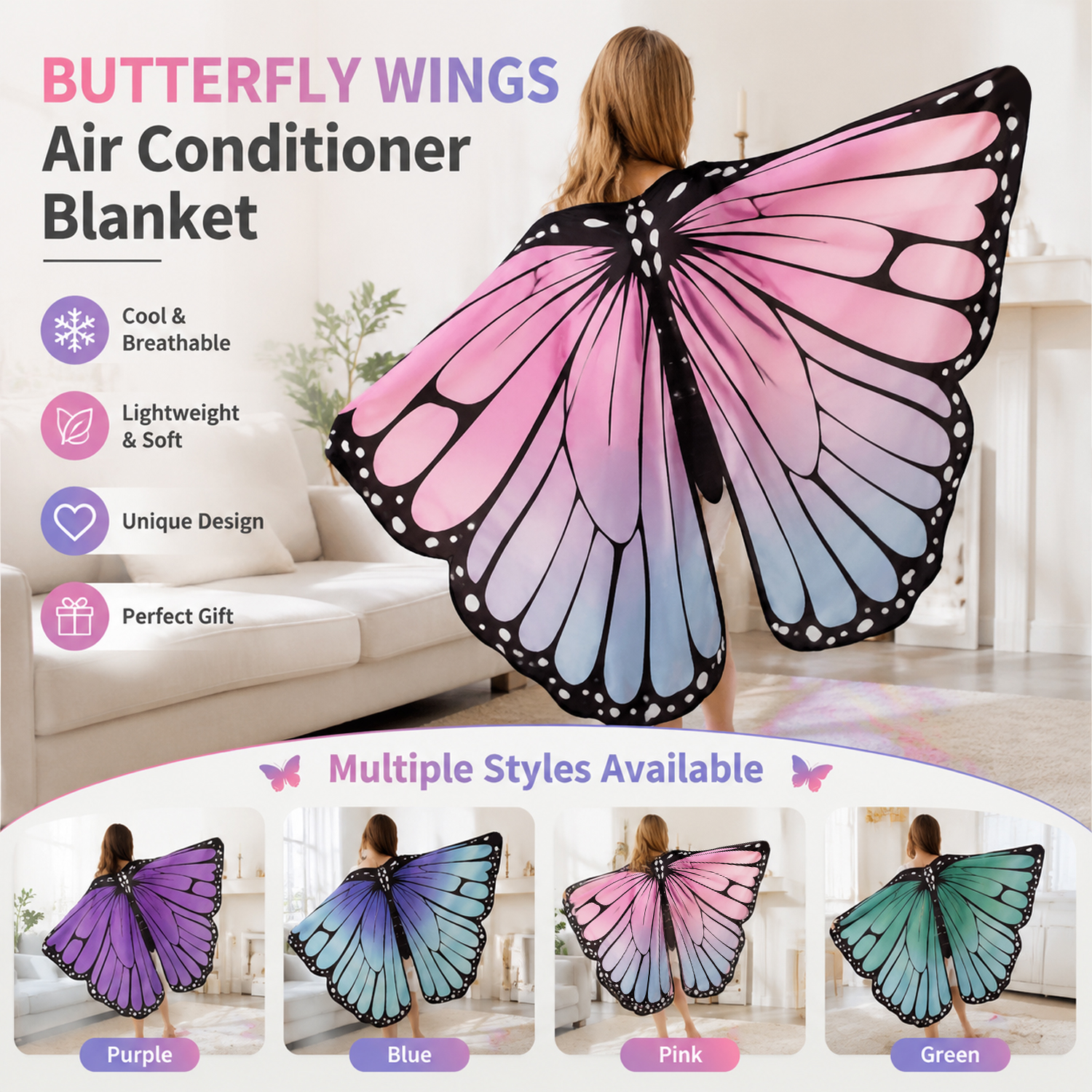 Custom Cooling Blanket, Lightweight Breathable Butterfly Throw for Summer, Multiple Sizes & Colors for Adults and Kids