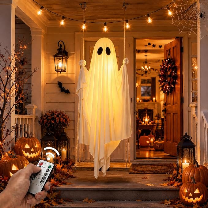 Light-Up Swinging Ghost with Autumn Maple Leaves – Illuminated Hanging Halloween Ghost Porch Decor, Spooky Cute Fall Yard & Tree Hanging Ornament