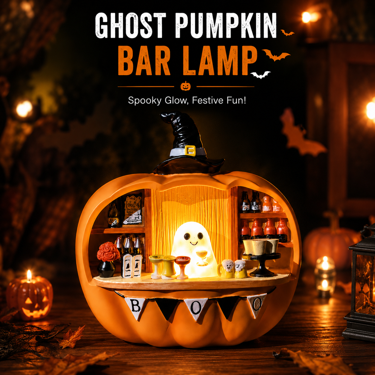 Halloween Glowing Pumpkin Display Ornament – Light-Up Ghost Scene Decoration for Spooky Home, Party and Holiday Decor