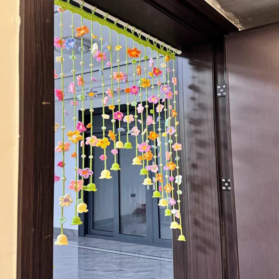 Handmade Crochet Spring Flower Door Curtain | Floral Tassel Curtain for 80cm Doorway
