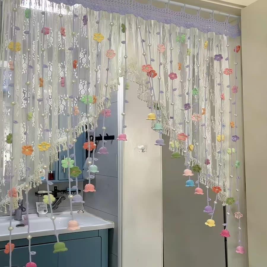 Handmade Crochet Spring Flower Door Curtain | Floral Tassel Curtain for 80cm Doorway