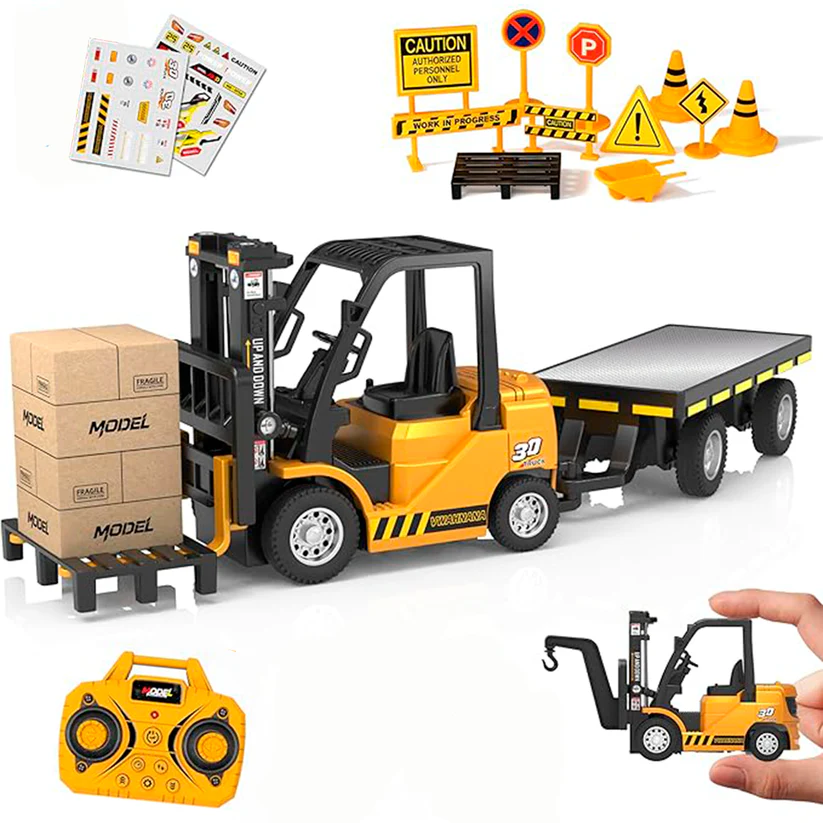 1:64 Bluetooth Desktop Mini Alloy RC Construction Model Toy Set - Forklift, Crane (with Pallet), Dump Truck, and Excavator