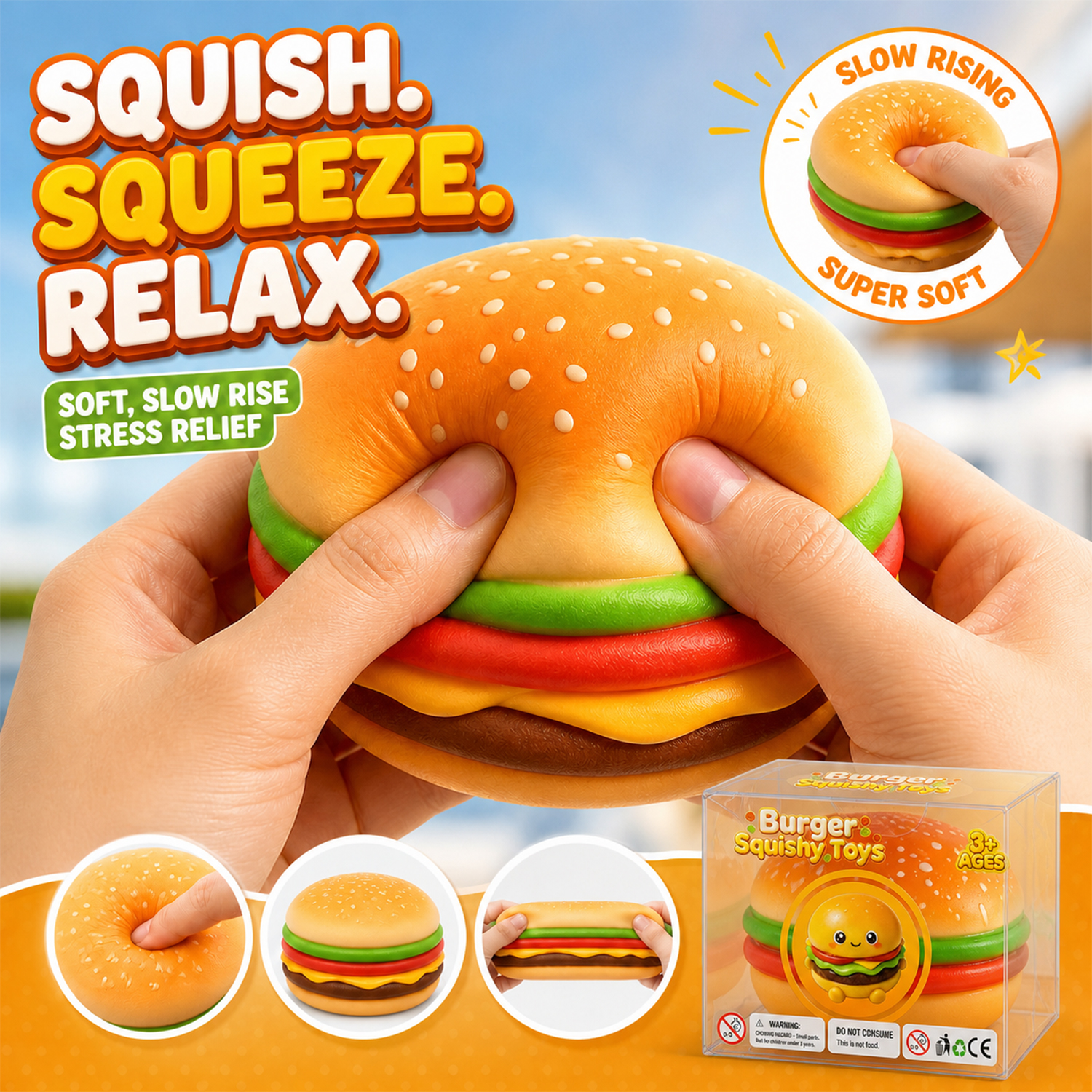 Burger Squishy Toy for Kids and Adults – Soft Slow-Rise Stress Relief Gift for Christmas, Birthday, or Party Favors