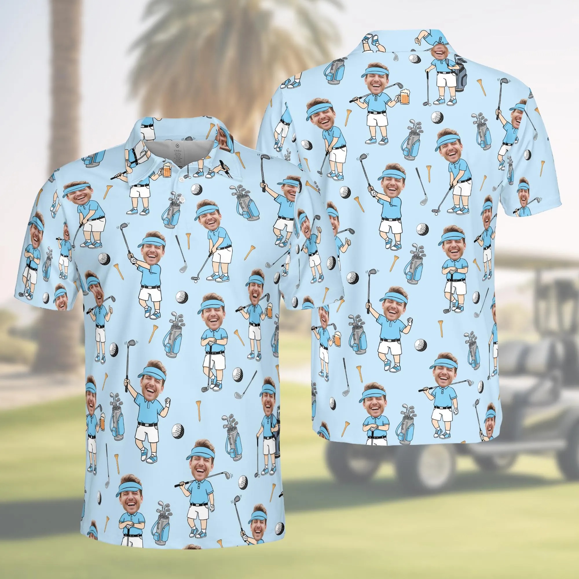 Custom Face Golf Polo Shirt for Men, Funny Cartoon Golfer Shirt, Matching Golf Team Polo, Summer Golf Shirt, Personalized Golf Lover Gift