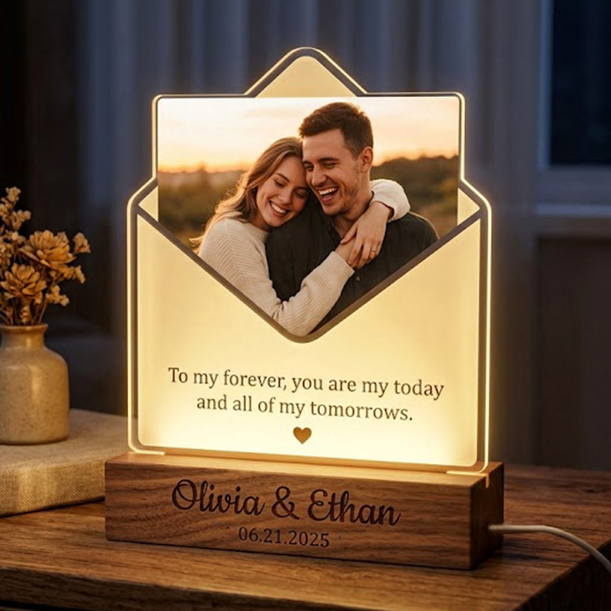 Personalized Envelope Photo Lamp for Anniversary Gift – Custom Name & Date LED Night Light for Couples