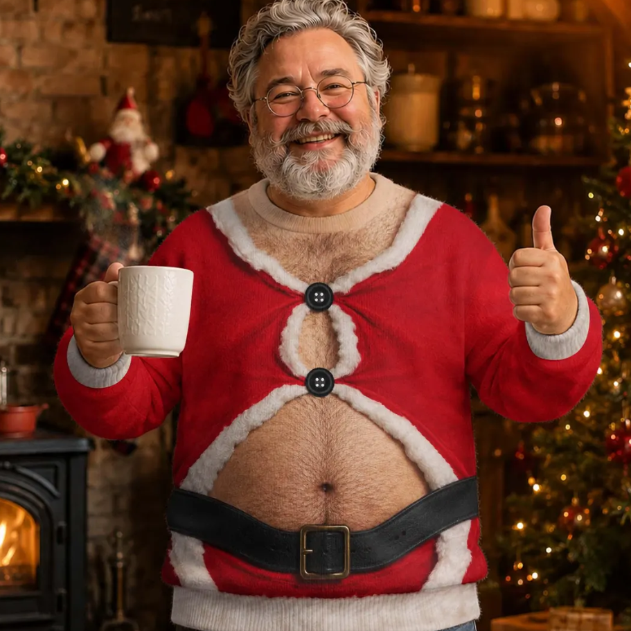Funny 3D Printed Ugly Christmas Sweater – Hairy Chest, Six-Pack Abs & Cleavage Graphic Sweatshirt, Hilarious Holiday Party Gag Gift for Men & Women