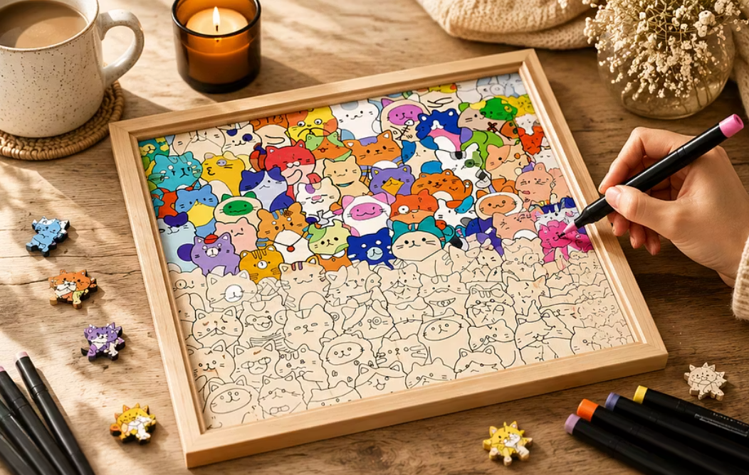 DIY Wooden Coloring Puzzle – Hand-paint Your Own Animal Puzzle (Optional 24-Color Markers & 8 Designs)