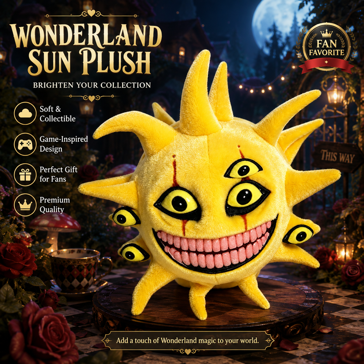 Creepy Yellow Sun Plush Toy – Spooky Multi-Eye Stuffed Animal for Halloween Decor & Funny Gifts