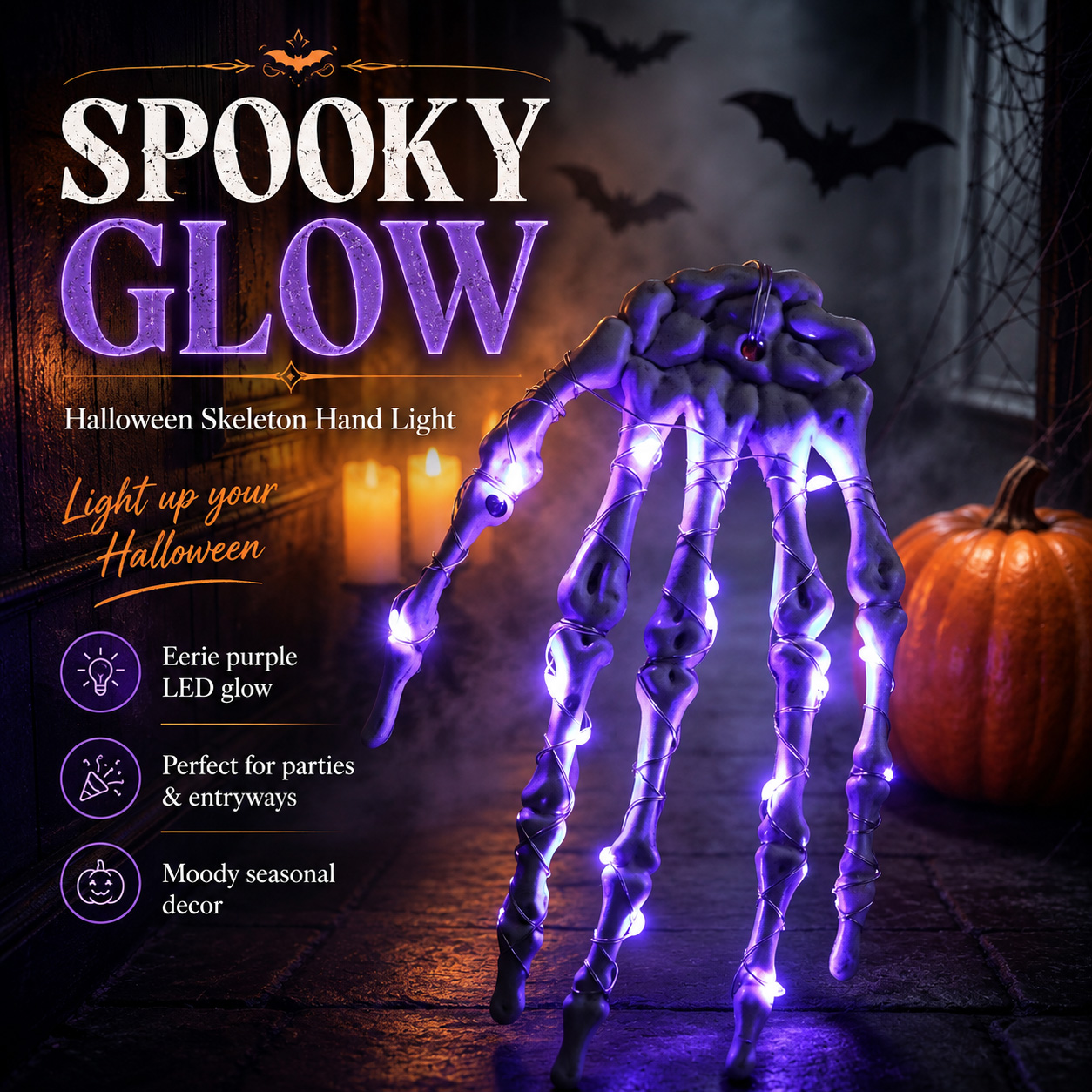Halloween LED Skeleton Hand Hanging Light – Spooky Glowing Bone Hand Decoration for Party, Home & Haunted House Decor