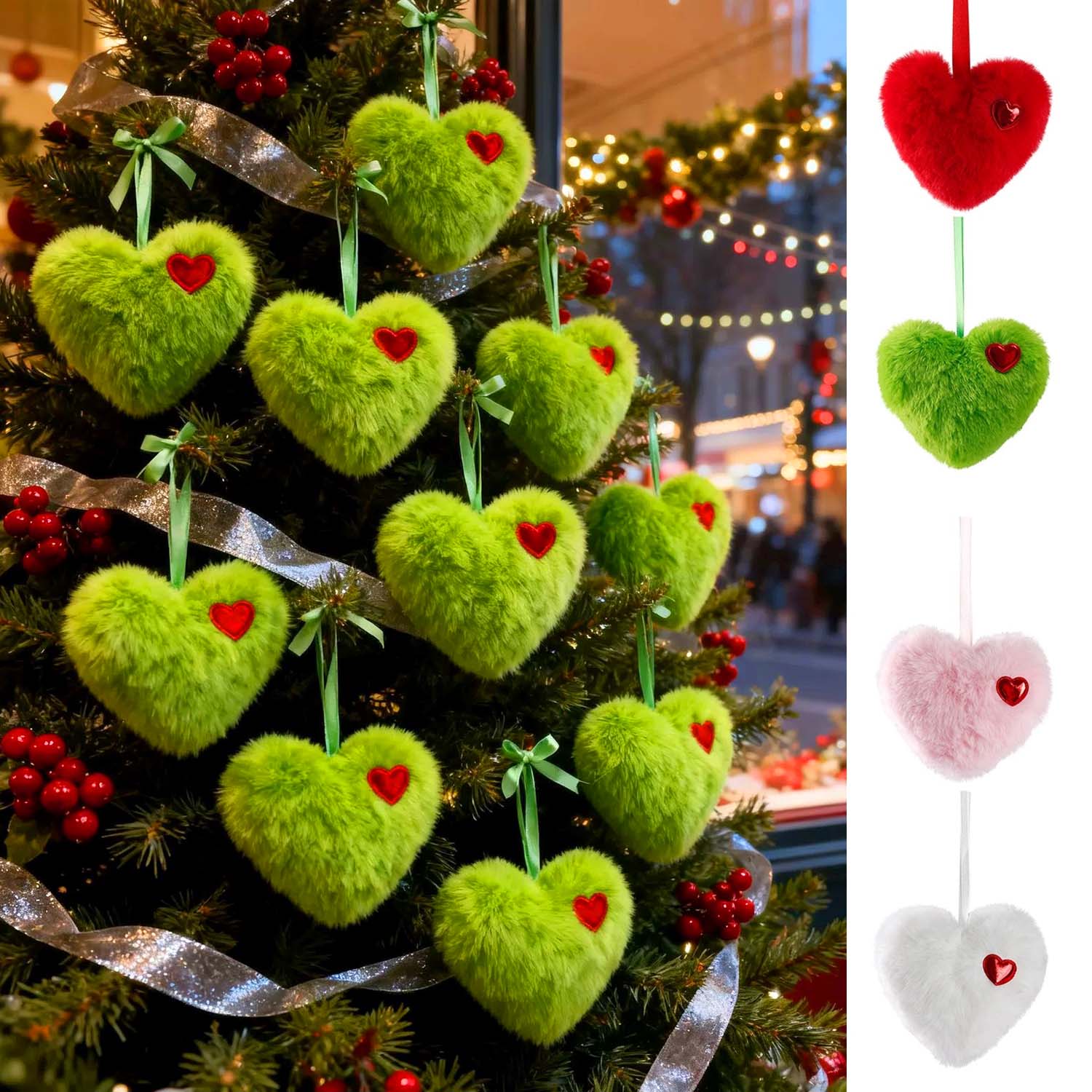 6-Pcs Plush Heart Christmas Tree Ornaments (10cm/3.9") – Fluffy Fuzzy Heart Hanging Pendants Set with Ribbon & Mini Red Heart Accent for Holiday Decor, Xmas Party & Gifts