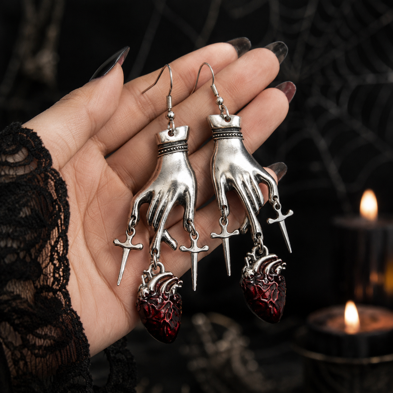 Halloween Hand & Heart Earrings for Women – Gothic-Inspired Dangle Jewelry, Festive Halloween Gift