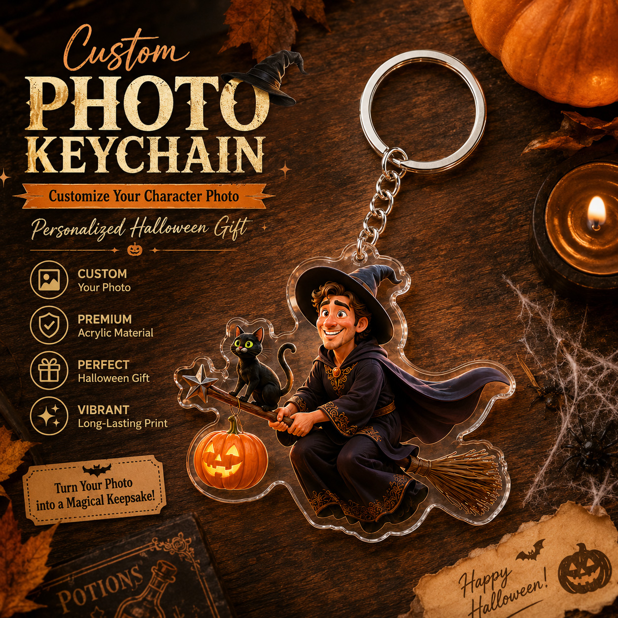 Custom Halloween Witch Photo Keychain – Turn Your Portrait into a Magical Broomstick Rider