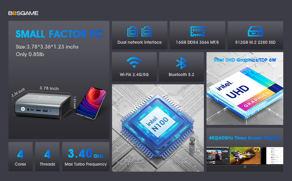 BOSGAME E1 Mini PC  - N100, 16GB DDR4 512GB SSD