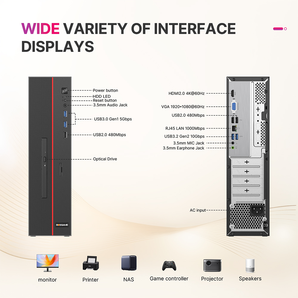 VX40 Tower Desktop Computer, Intel Core i5-12450H, 8GB DDR4 1TB NVMe SSD, 8L Compact Case, 4K Dual Display, WiFi 6