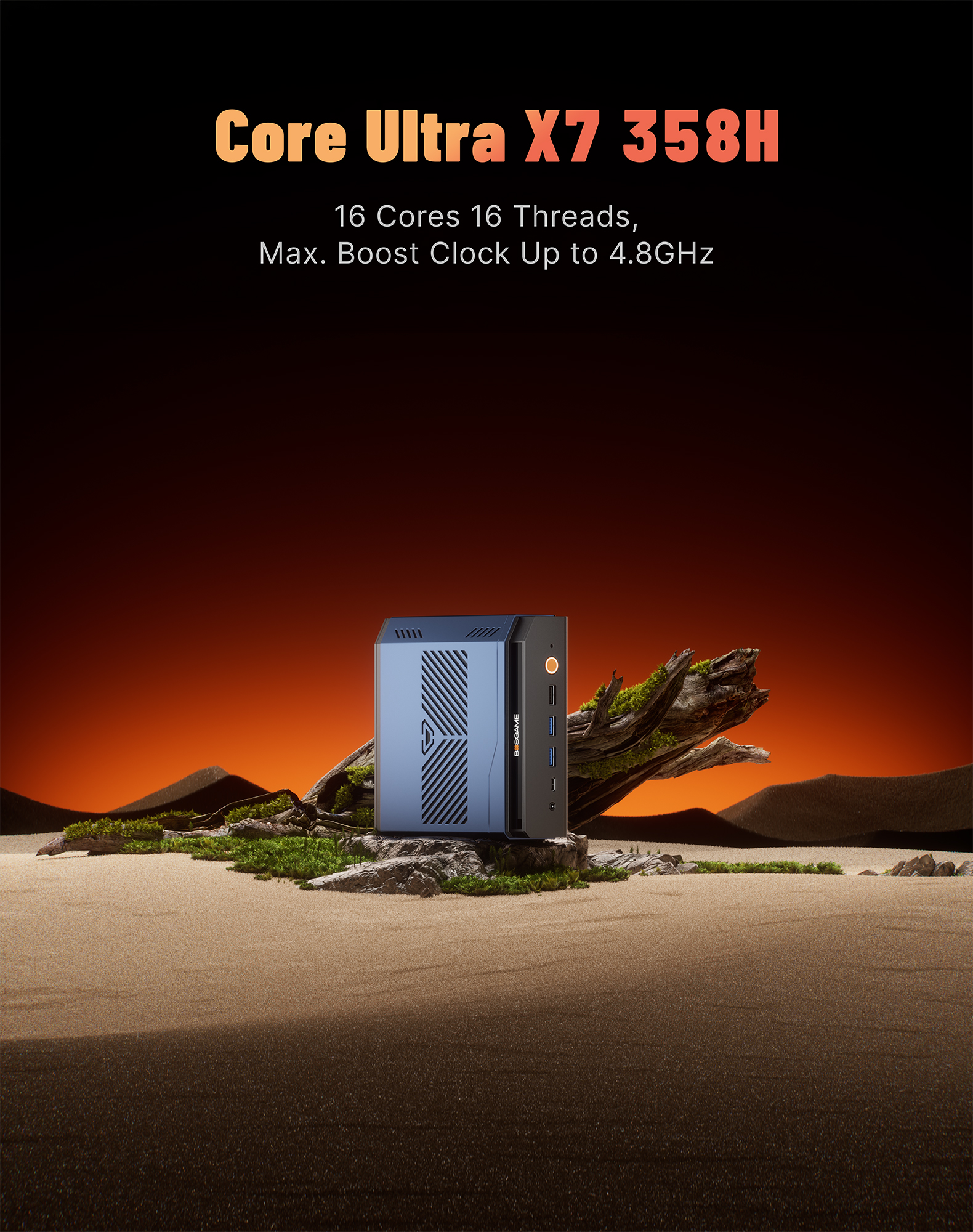 Bosgame VTI-490, Intel Core Ultra X7 358H(16C/16T, Up to 4.8GHz), 64GB LPDDR5X 9600MHz 1TB PCIe4.0 SSD,