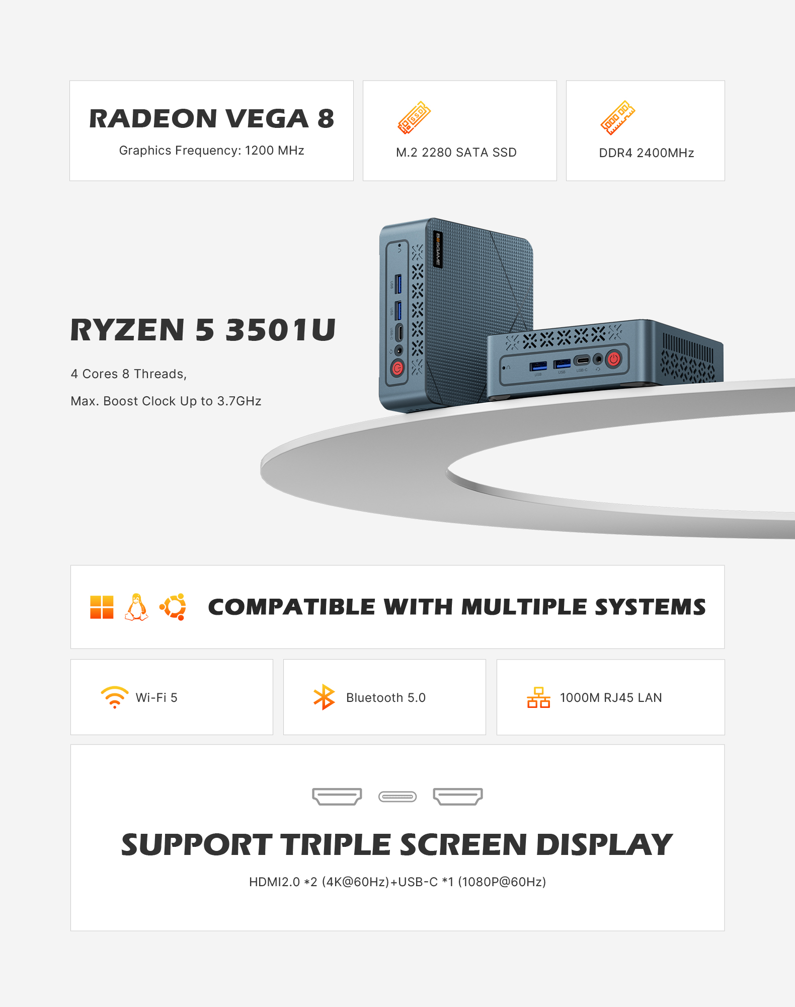 BOSGAME E2 Plus Home Mini PC ,AMD Ryzen 5 3501U,8GB DDR4 up to 32GB,256GB SSD,Triple‑Display 4K@60Hz ,Win11 Pro