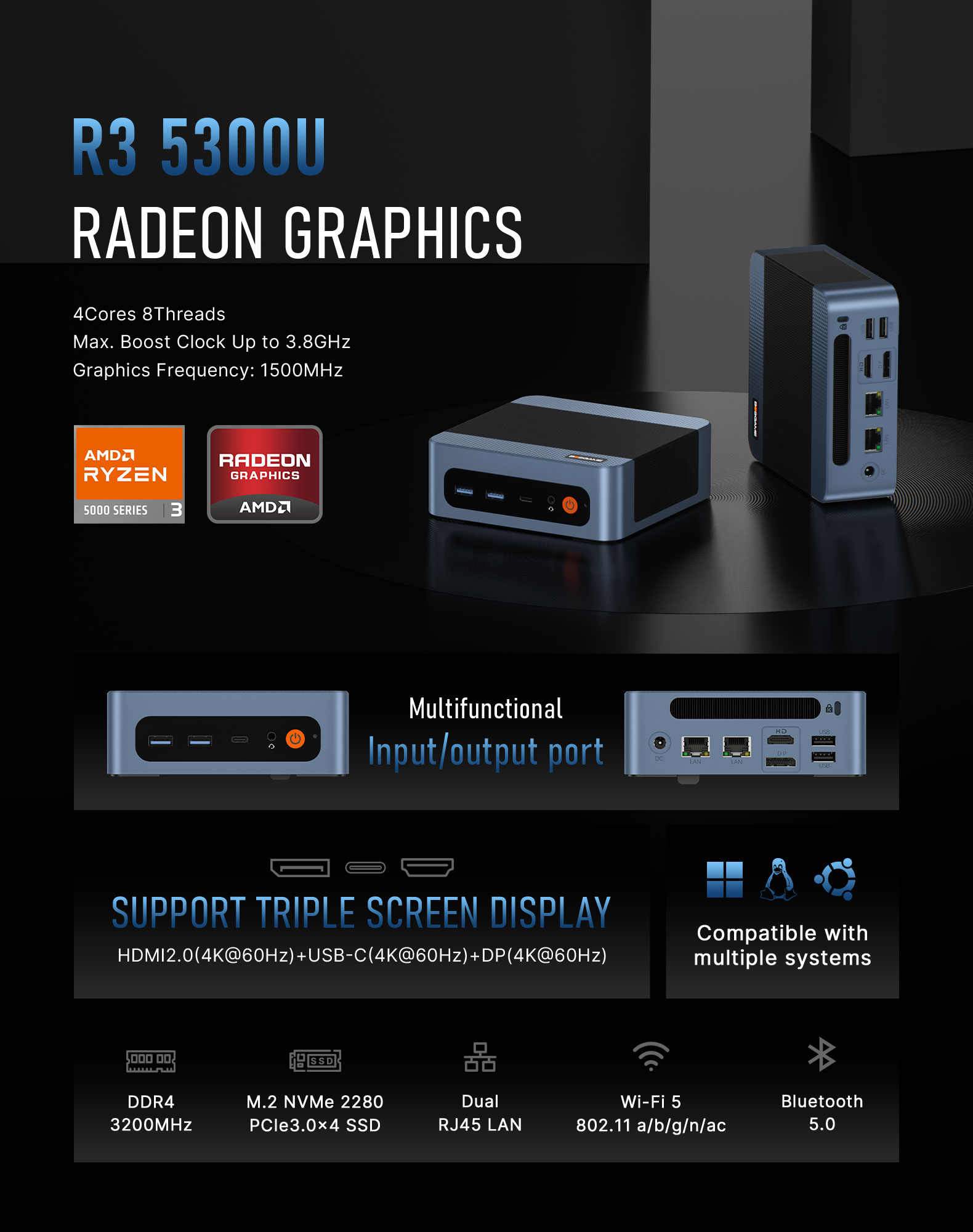 BOSGAME E5 Mini PC, Ryzen 3 5300U Processor 4-core 8-Thread Dual LAN Mini Desktop Computers, 16GB DDR4 1TB PCIe 3.0x4 SSD