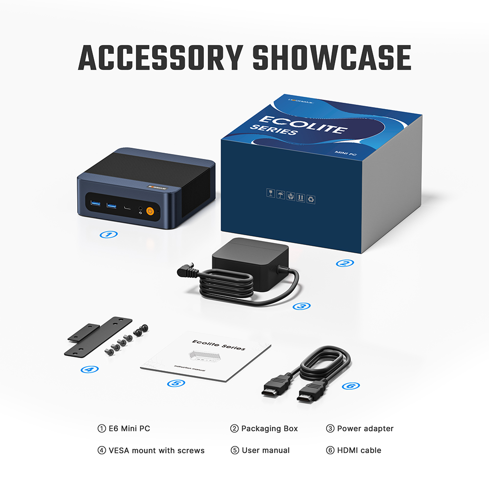 BOSGAME E6 ECO Mini PC Intel Core 3 304 | 12GB LPDDR5X 512GB SSD Triple‑Display Windows 11
