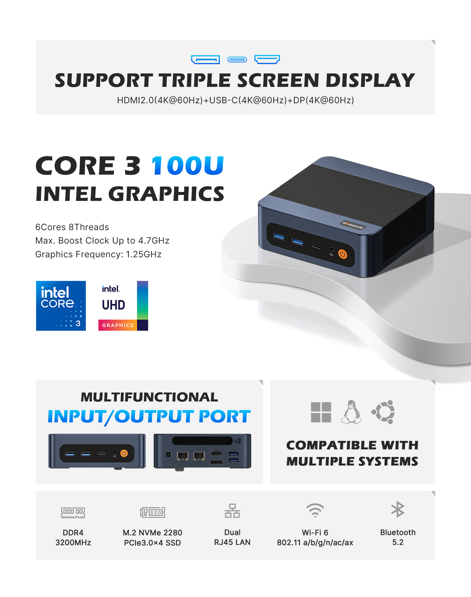 BOSGAME E7 Home Office Mini PC ,Intel 4C‑8T CPU up to 4.7GHz,16GB DDR4 512GB SSD