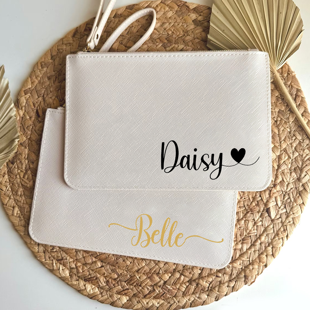 Personalised Linen Fine Grain Leather Makeup Clutch Bag