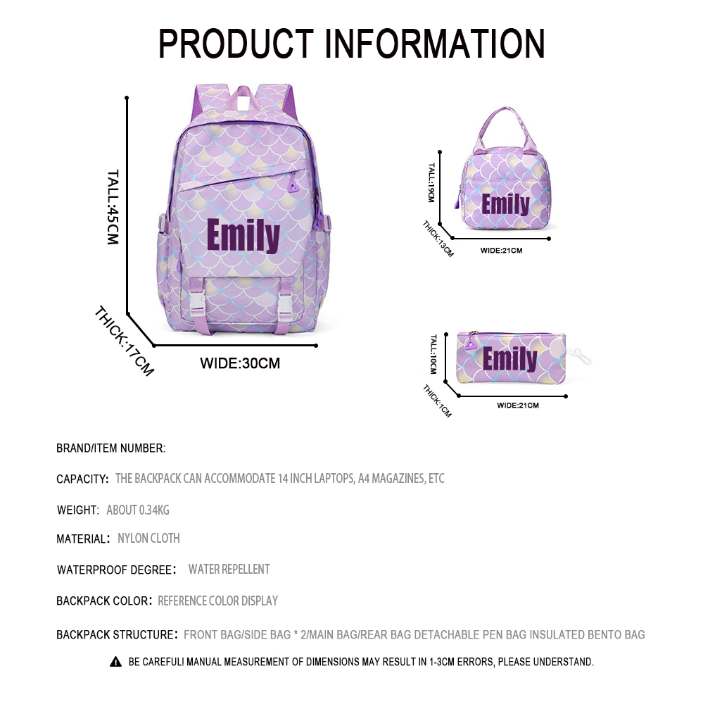 Personalized Original Mermaid 3 in 1 School Backpack Set