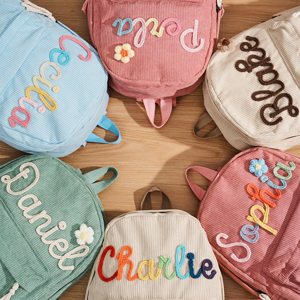 Personalized Hand Embroidery Corduroy Backpack and Handbag Set