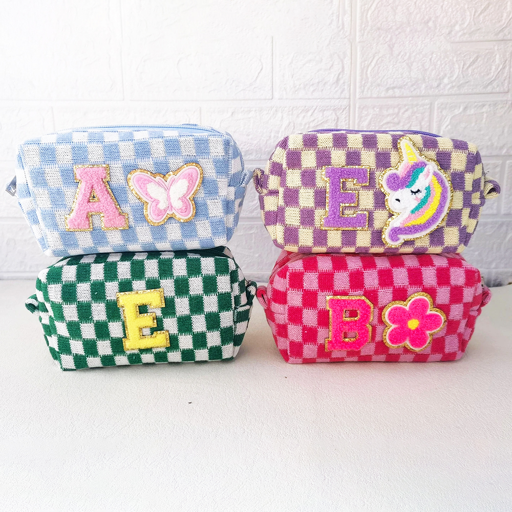 Personalized Checkered Chenille Patch Checkered Makeup Bag