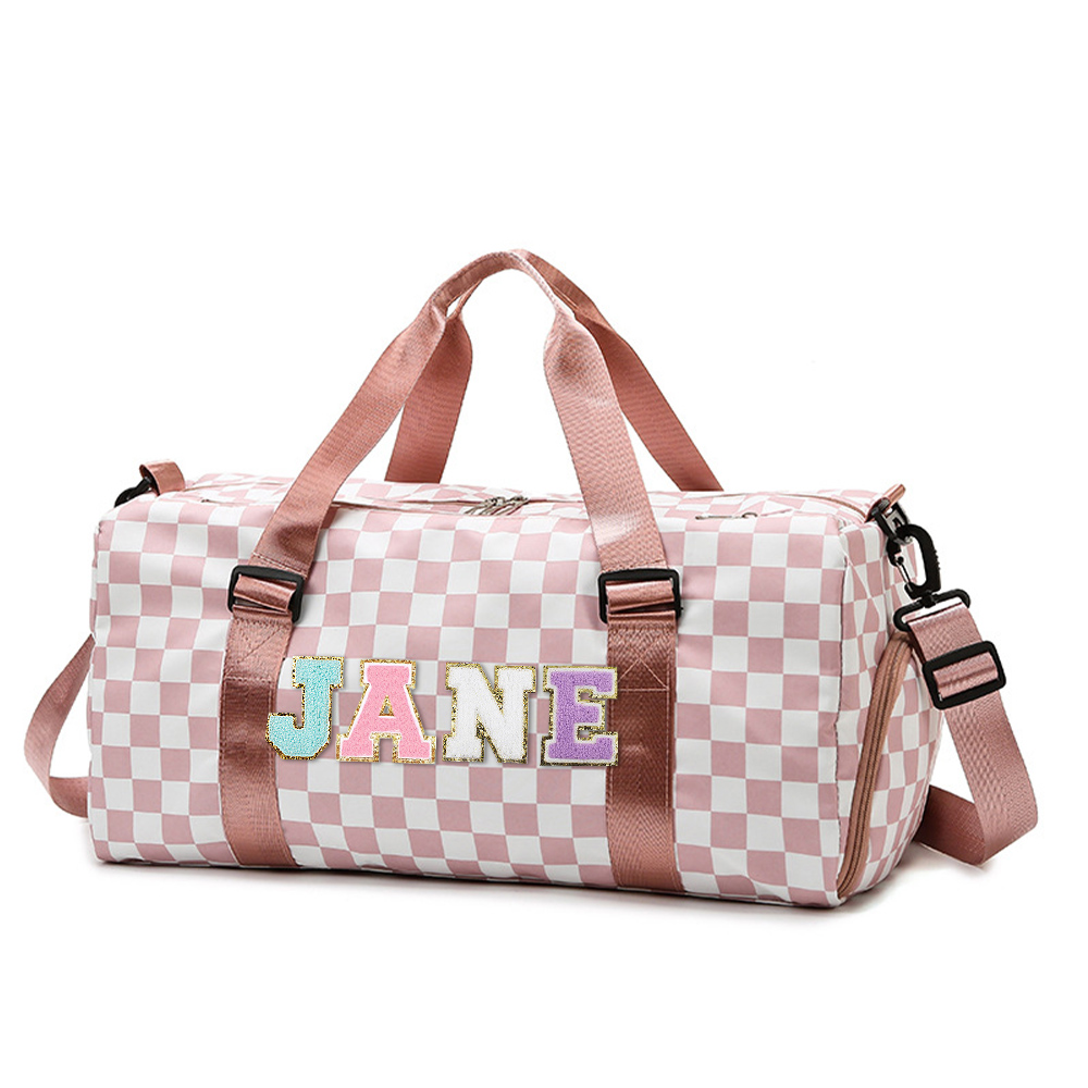 Personalized Chenille Patch Checkered Duffle Bag