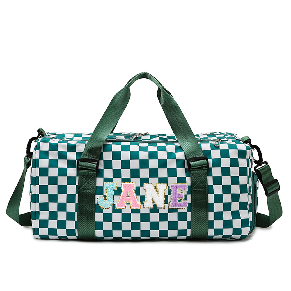Personalized Chenille Patch Checkered Duffle Bag