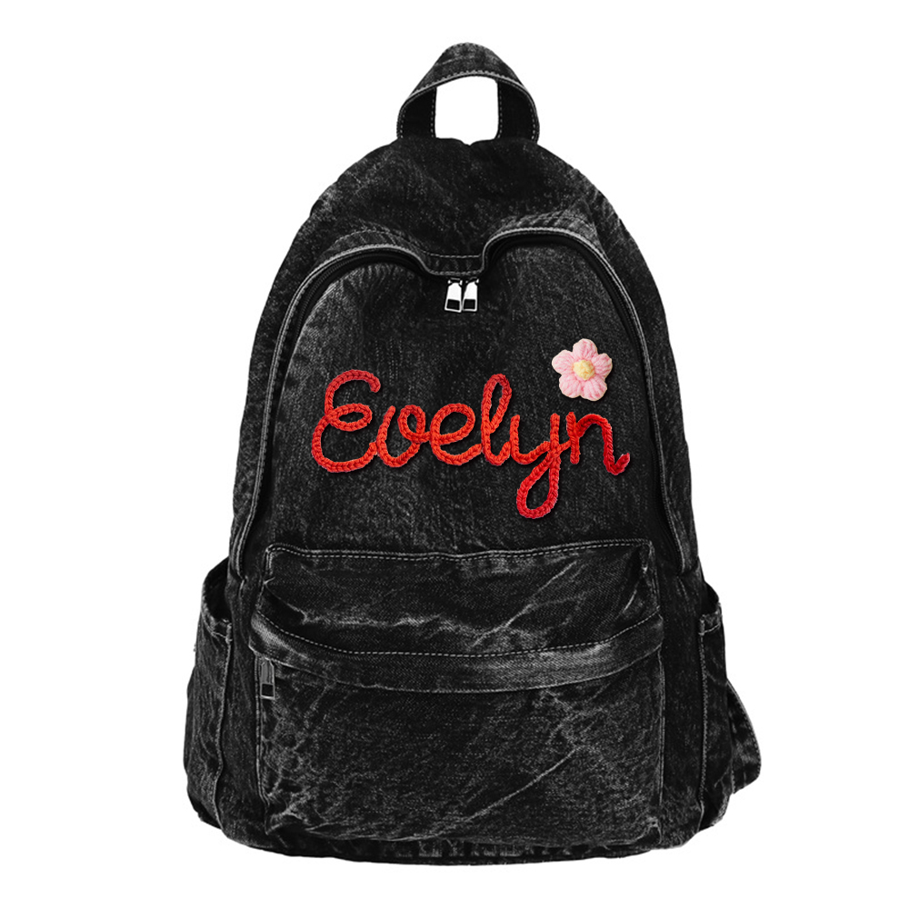 Personalized Lovely Hand Embroidery With Flower Denim Backpack