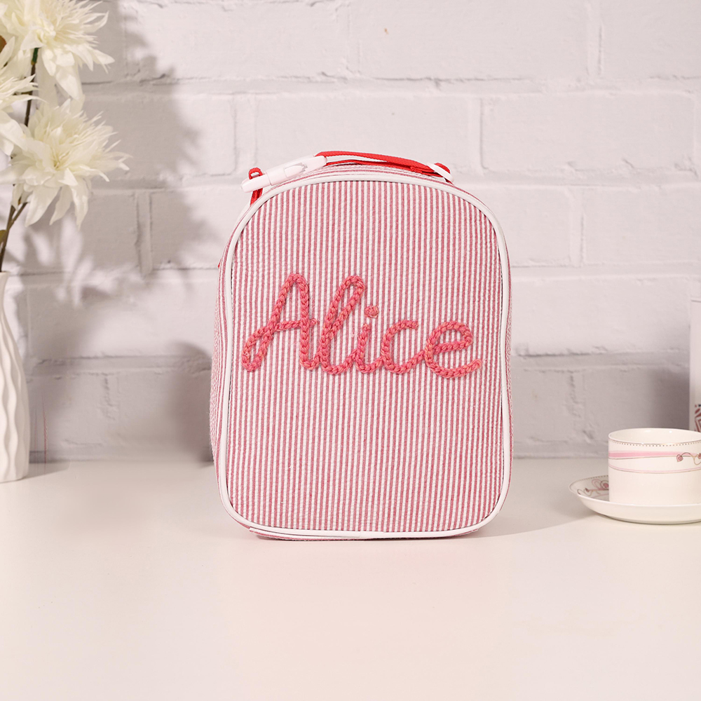 Personalized Kids Hand Embroidery Seersucker Lunch Bag