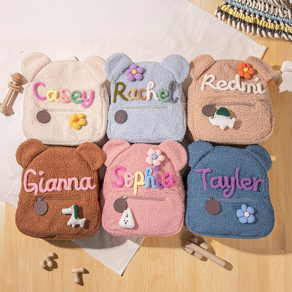 Personalized Hand Embroidery Fluffy Teddy Bear Backpack