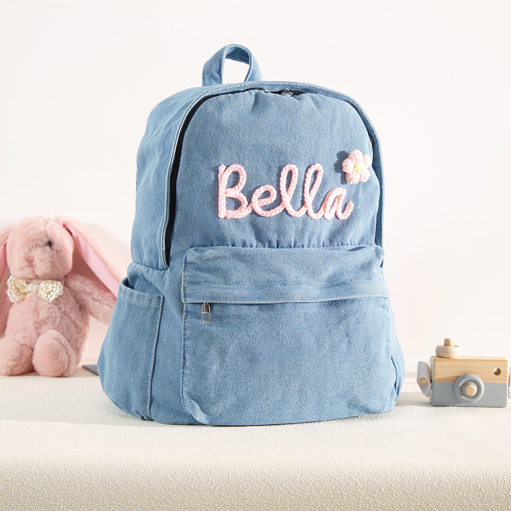 Personalized Lovely Hand Embroidery With Flower Denim Backpack