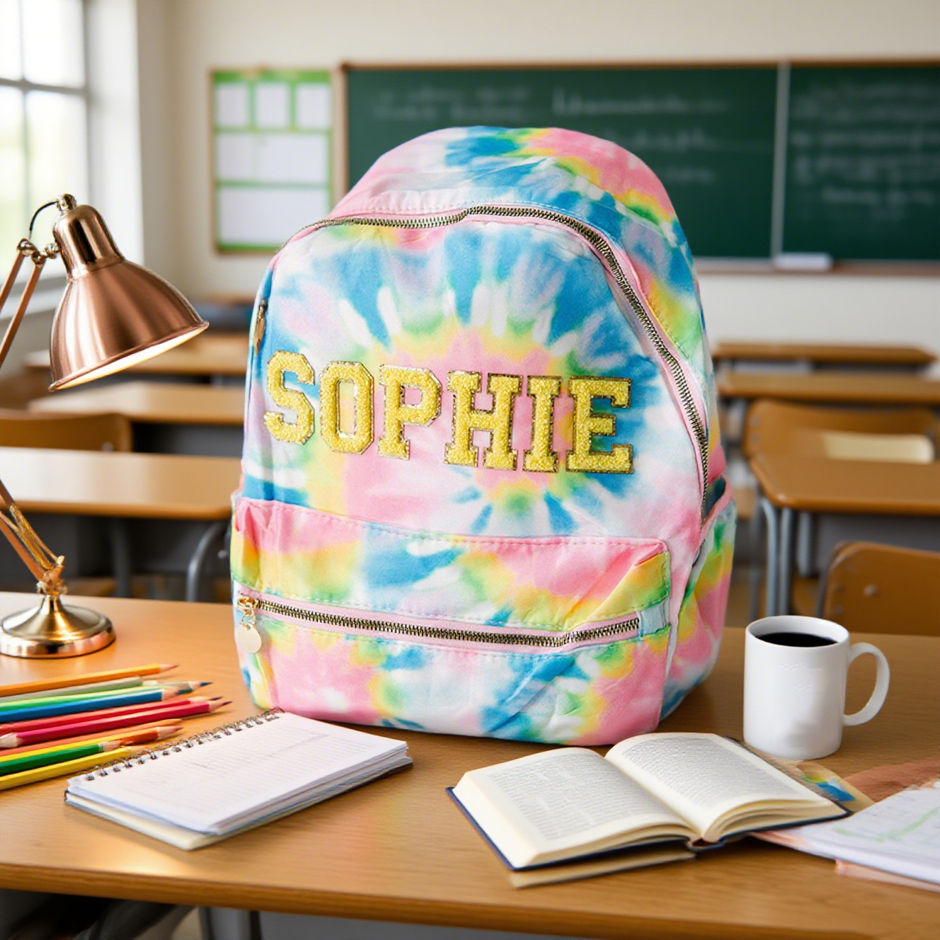 Personalized Chenille Patch Multicolor Rainbow School Backpack