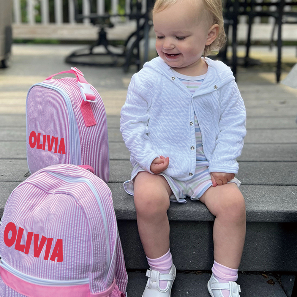 Personalized Chenille Patch Kids Seersucker School Backpack Set