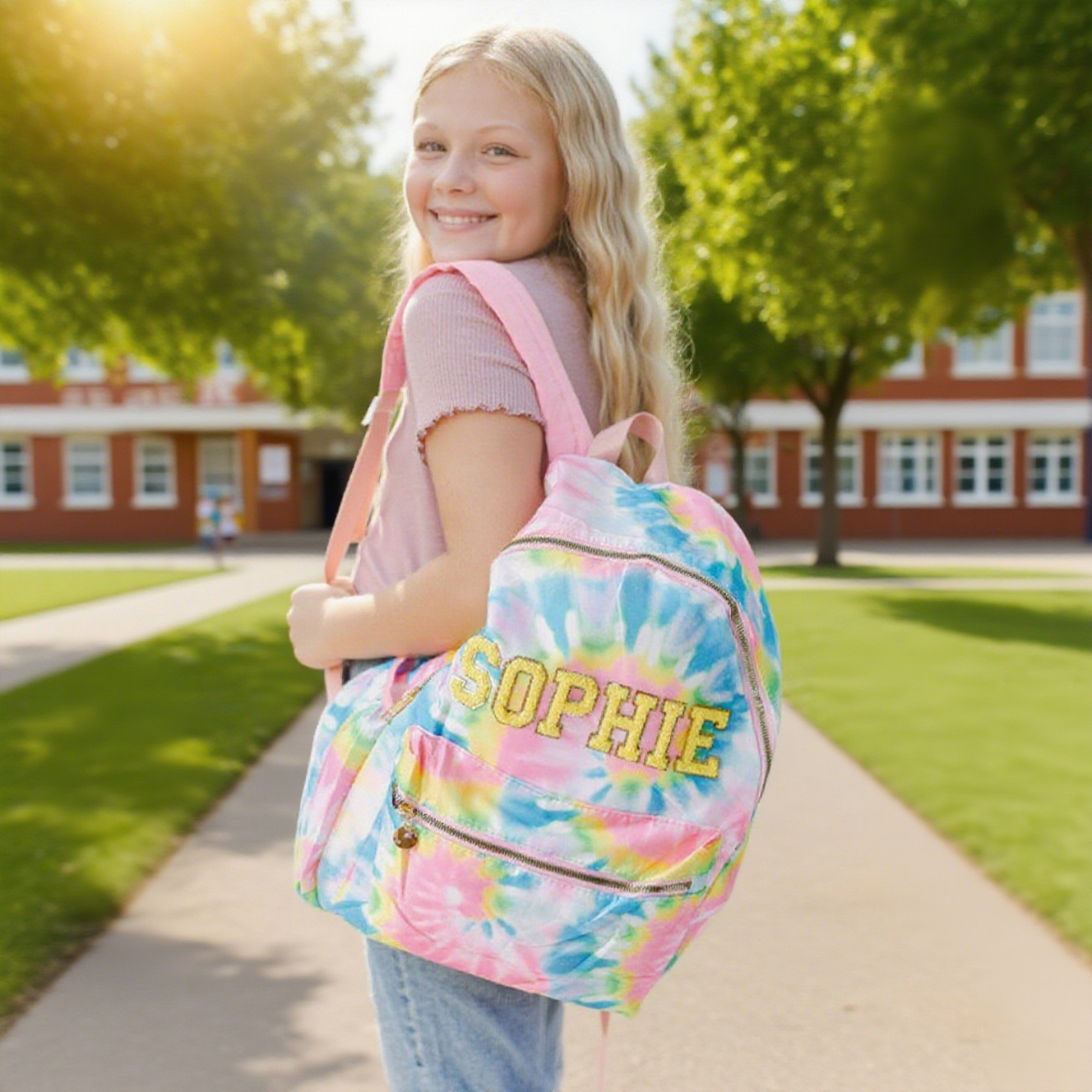 Personalized Chenille Patch Multicolor Rainbow School Backpack