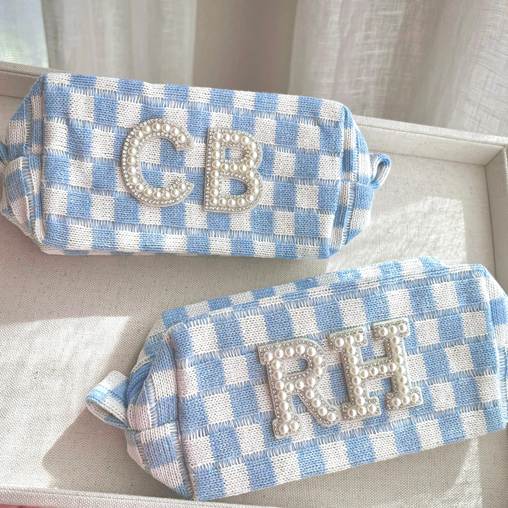 Personalized Checkered Pearl Patch Checkered Makeup Bag