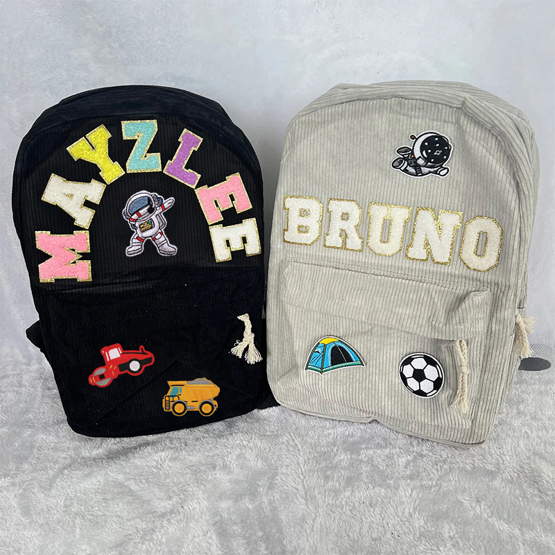 Personalized Name Chenille Patch Corduroy School Backpack