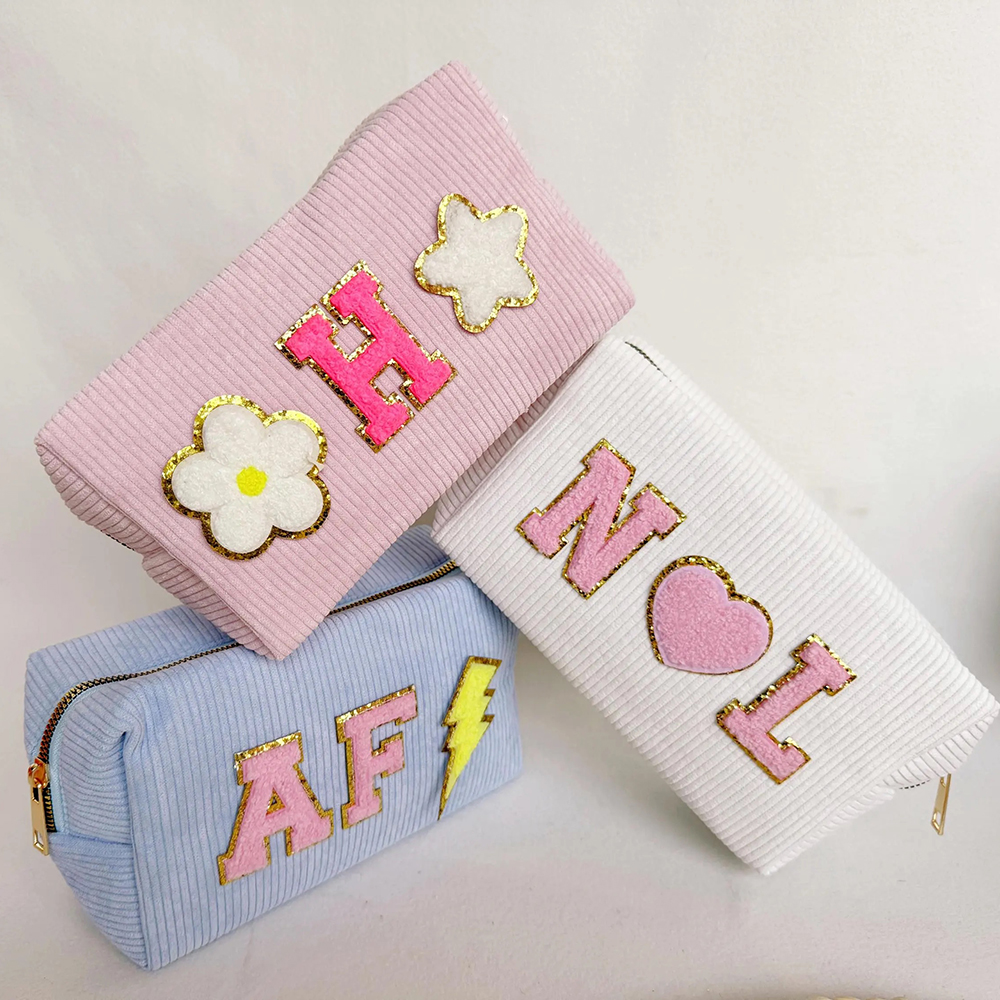 Personalized Chenille Patch Corduroy Travel Toiletry Bag