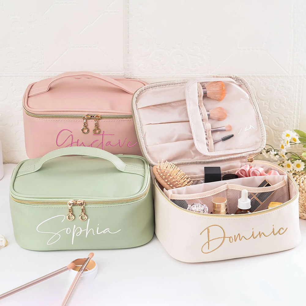 Personalized Embroidered Leather Travel Cosmetic Bag
