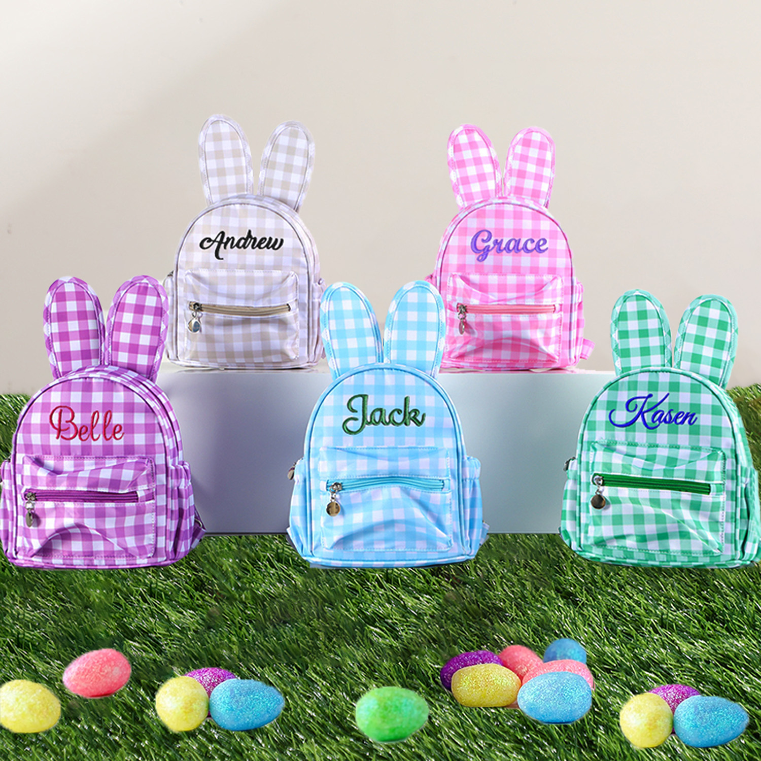 Personalized Embroidery Gingham Easter Bunny Backpack