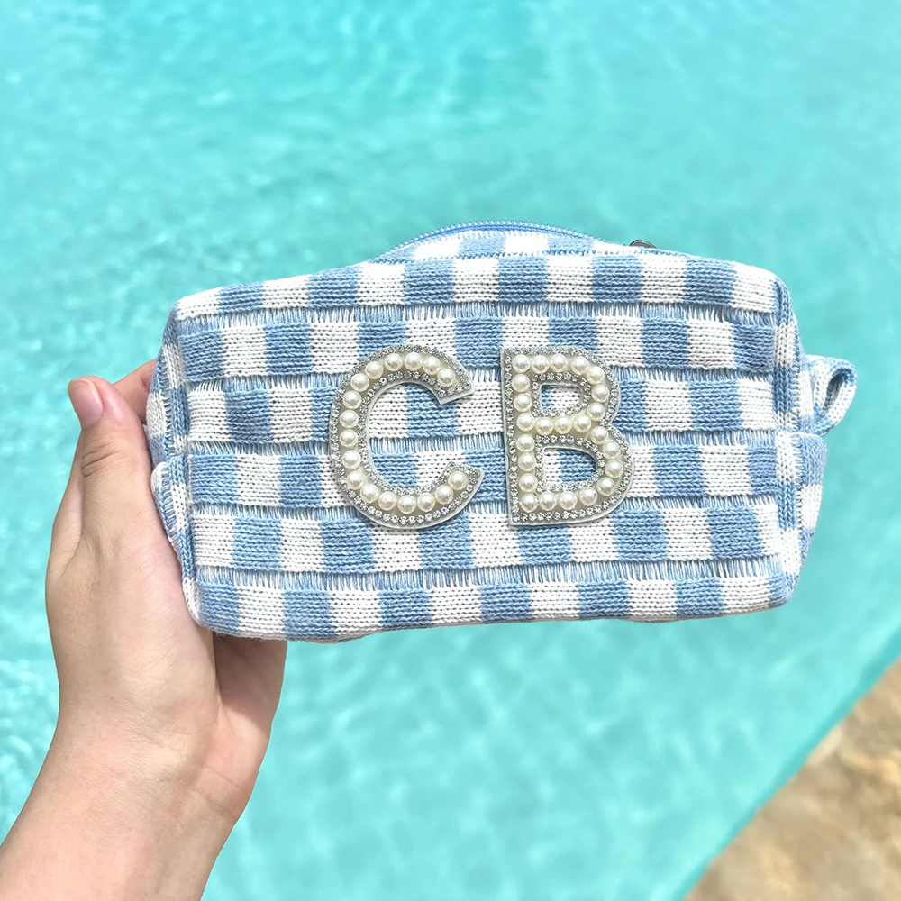 Personalized Checkered Pearl Patch Checkered Makeup Bag
