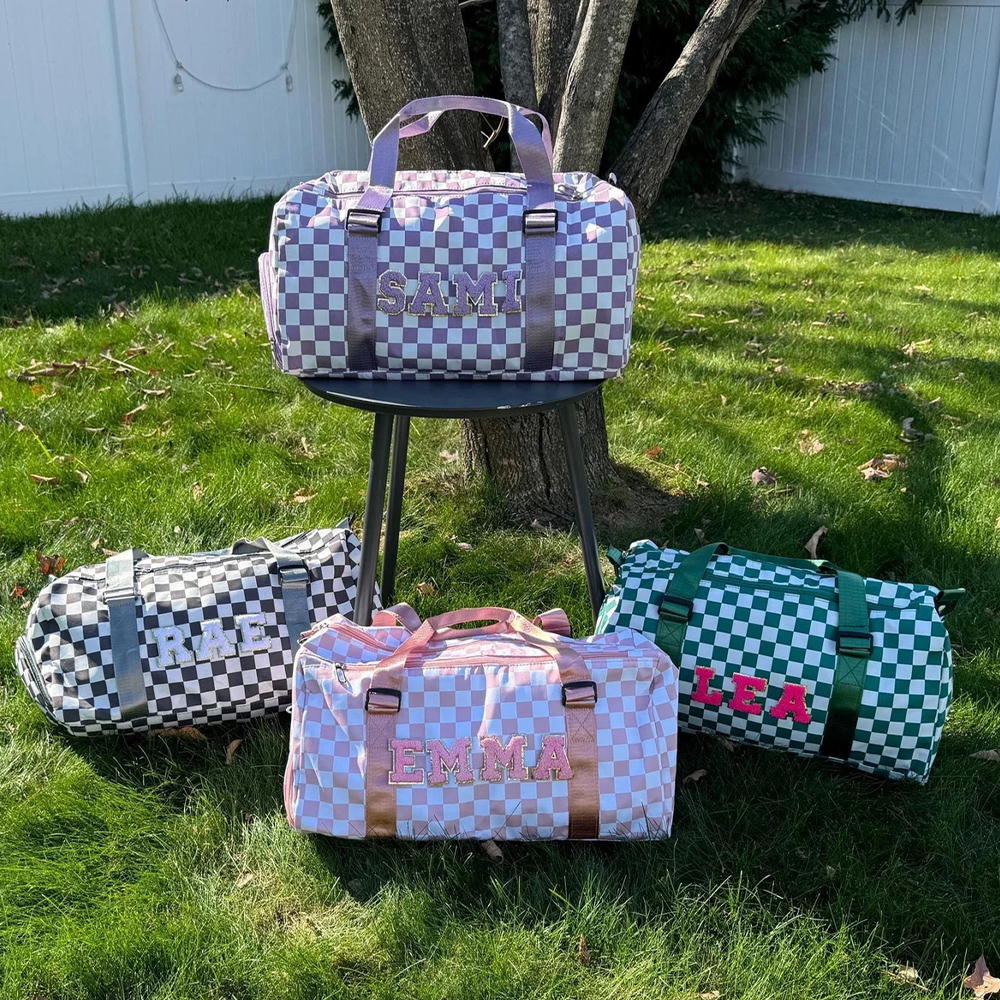 Personalized Chenille Patch Checkered Duffle Bag