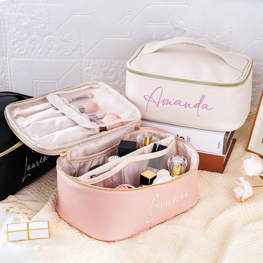 Personalized Embroidered Leather Travel Cosmetic Bag