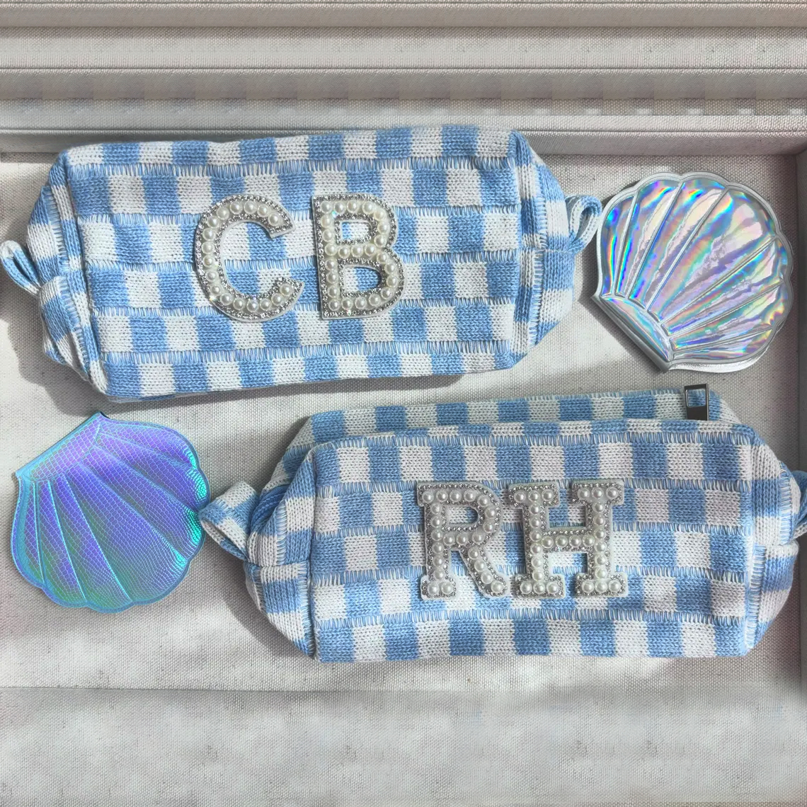 Personalized Checkered Pearl Patch Checkered Makeup Bag