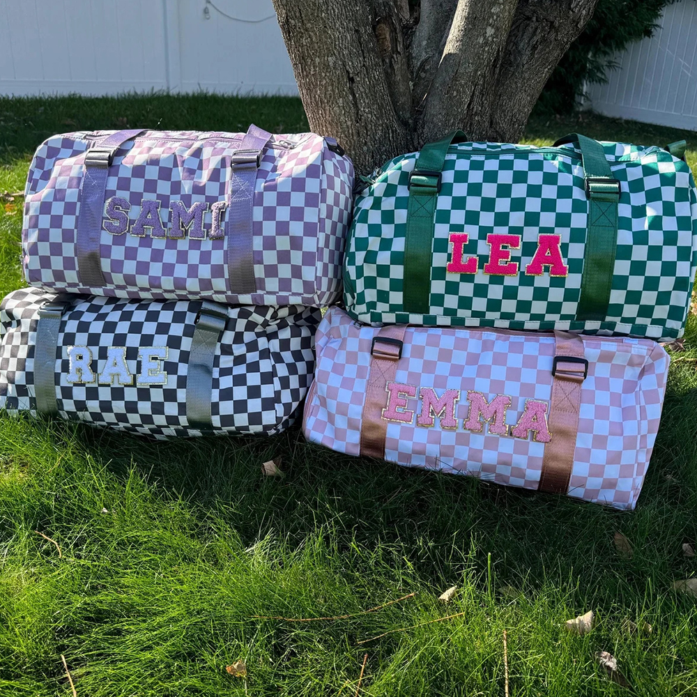 Personalized Chenille Patch Checkered Duffle Bag