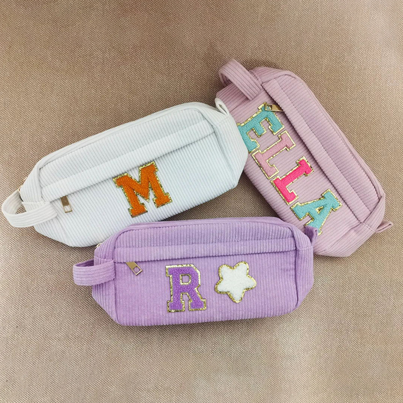 Personalized Corduroy Chenille Letter Patches Pencil Pouch