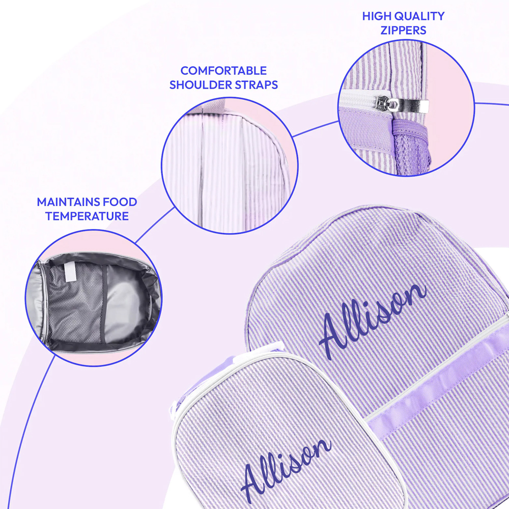 Personalized Chenille Patch Kids Seersucker School Backpack Set